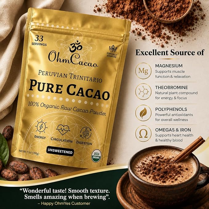 Pure Raw Organic Cacao Powder | Premium Ceremonial Grade Cacao | Natural Source of Flavanols, Magnesium, Iron & Theobromine | Sugar-Free Hot Cocoa Chocolate Drink & Baking Mix | Unsweetened - (33 Servings)
