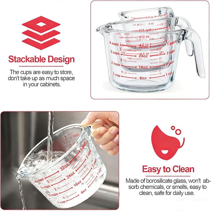 M MCIRCO 6 Pcs Glass Measuring Cups with Lids Set, 1-Cup, 2-Cup, 4-Cup Measuring Jugs with Handle, Nesting Liquid Measuring Cups for Kitchen