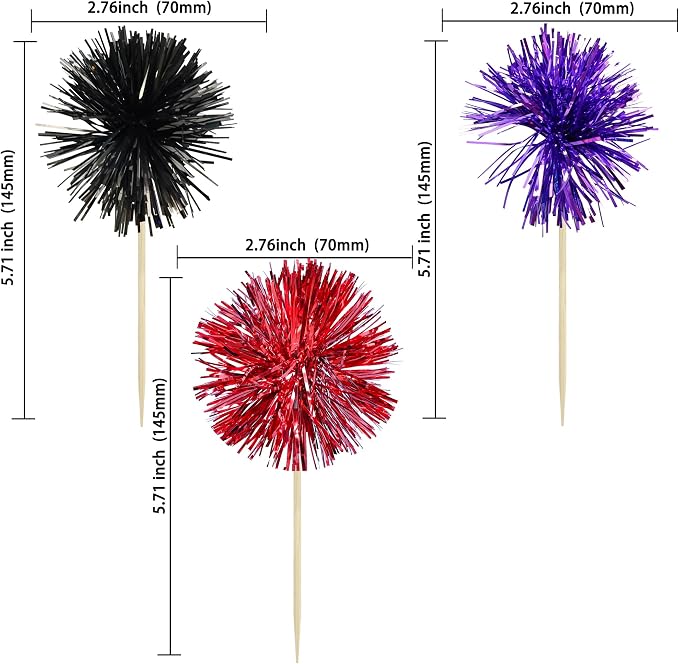 Gyufise 30Pcs Foil Firework Cupcake Toppers Sparkle Tinsel Cake Toppers Tinsel Drink Cake Decoration Cocktail Picks for Halloween Birthday Wedding Graduation Party Supplies Purple Black Red