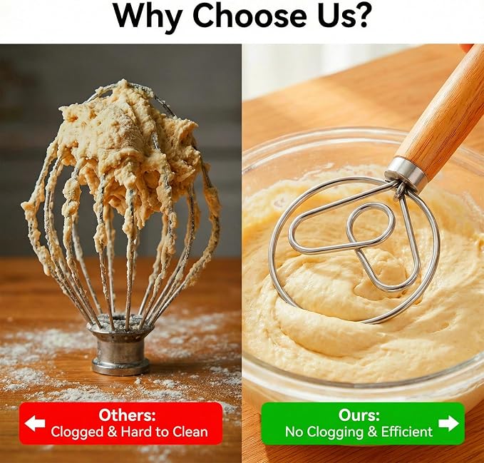 TEEVEA Danish Dough Whisk, Stainless Steel Wood Handle for Sourdough Bread | Dishwasher safe, non-stick, effortless mixing, dutch dough stirrer, for bread batter pastry, sourdough baking tool