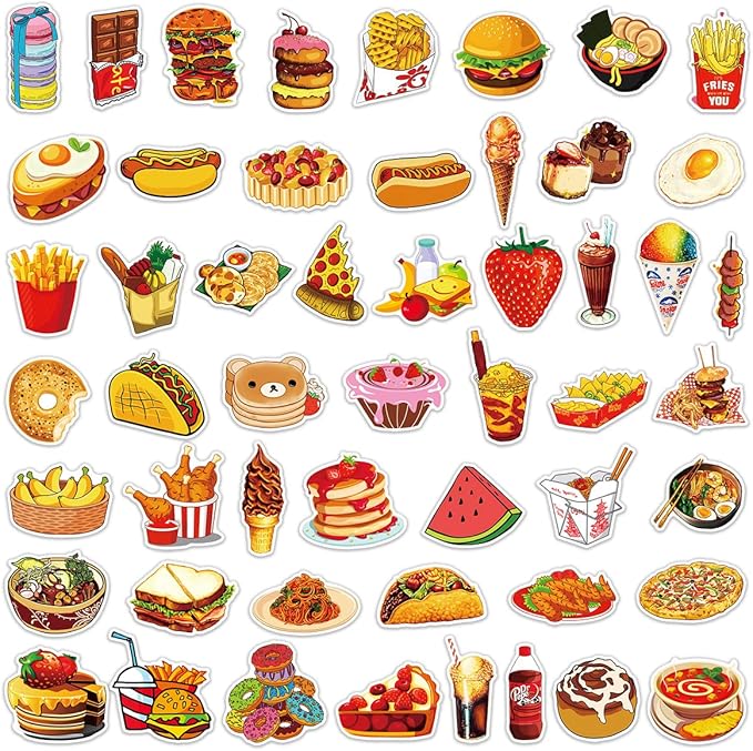 Cute Food Stickers 50PCS Fast Food Sticker Bag Waterproof Vinyl Aesthetic Decals for Scrapbook, Water Bottles, Laptops, Mobile, Skateboard, Guitar, Perfect for Kids Teens Girls