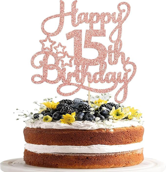 1 Pack Happy 15th Birthday Cake Topper Rose Gold Glitter Mis Quince 15 Cheers to 15 Years Old Birthday Cake Pick for Celebrating 15th Birthday Anniversary Party Cake Decorations Supplies