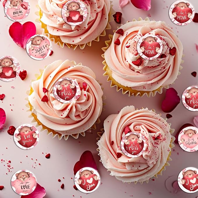 48PCS Edible Valentine's Day Bear Cupcake Toppers Wafer Paper I Love You Sweet Love Heart Cupcake Picks Be My Valentine Cake Decor for Valentine's Day Theme Party Decor Supplies