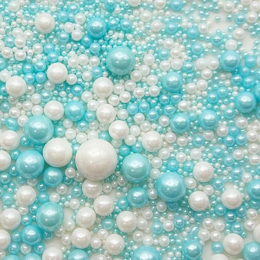 SE Si&Moos Baby Blue and White Pearl Sprinkles for Cake Decorating White Edible Pearl Cake Decorations Light Blue Sprinkles for Cake, Cupcake, Baby Shower Birthday Party Holiday Christmas Supplies 3.5 OZ
