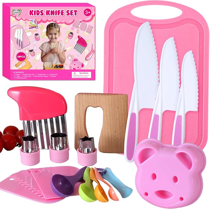 Carolart Kids Cooking Sets Real with Knife, Kids Baking Set for Girls | Montessori kitchen tools with safe knives, hat and apron,chef set gift for girls