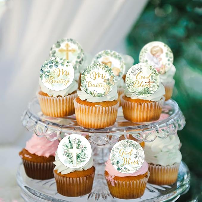 64 PCS Edible God Bless Cupcake Toppers Angel Bi Bautizo Cupcake Picks Edible Greenery Leaves Baptism Cross First Communion Cake Decorations for God Bless Theme Baby Shower Birthday Party Supplies