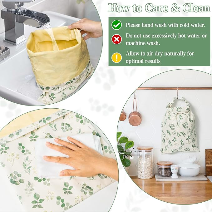Reusable Beeswax Bread Bags - 2 Pack Bees Wax Food Bag, Homemade Sourdough Bread Storage, 2-in-1 Linen Cotton Large Freezer Container Home Baking Accessories with Lining (Eucalyptus Leaf)