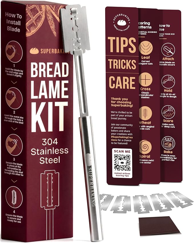 Superbaking Bread Lame - Sourdough Scoring Tool with 5 Replacement Blades - Baking Supplies for Home Bakers - Sourdough Razor Scorer - Bread Making Tools - Gift for Bakers - Stainless Steel Handle