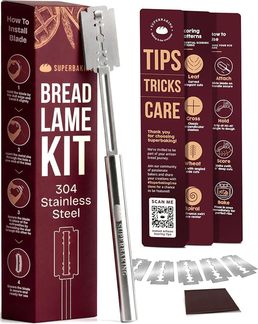 Superbaking Bread Lame - Sourdough Scoring Tool with 5 Replacement Blades - Baking Supplies for Home Bakers - Sourdough Razor Scorer - Bread Making Tools - Gift for Bakers - Stainless Steel Handle