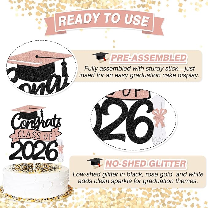 Congrats Class of 2026 Cake Topper Congrats Grad Cap Diploma Theme for High School Happy Graduation Party Supplies College Graduate Decoration (Rose Gold)