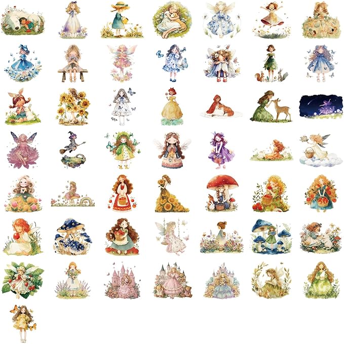 100Pcs Transparent PET Fairy Tale Princess Stickers Pack, Waterproof Vinyl Retro Watercolor Forest Fairy Decals for Skateboard Fridge Laptop Phone Luggage Princess Gown Stickers