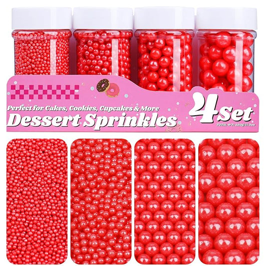 Red Pearl Sprinkles for Cake Decorating, 11.3oz/320g Edible Pearls Sugar 4 Jars Set for Baking Cupcake Cookie Ice Cream