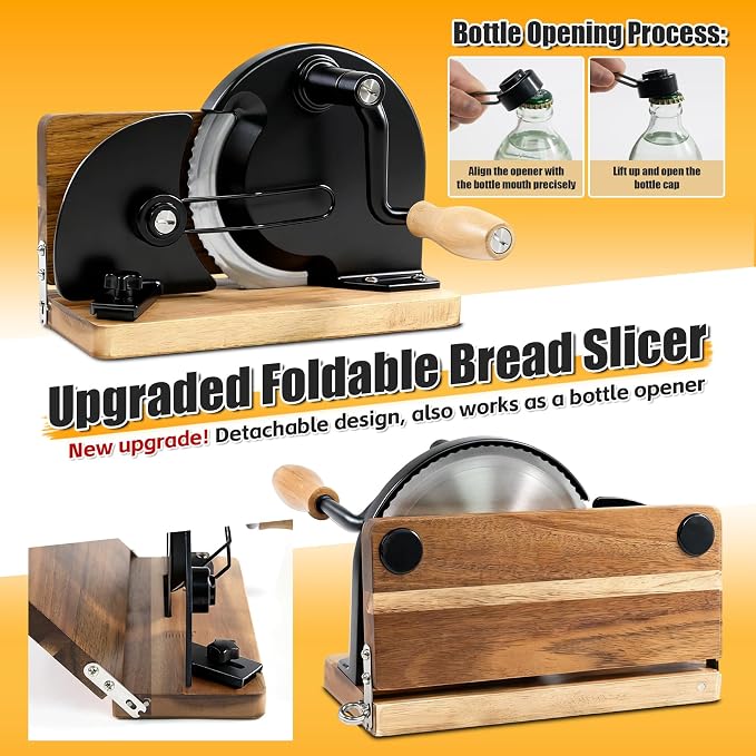 Manual Bread Slicer,Multi-Functional Foldable Hand-Cranked Bread Slicer with Steel Guard Plate and Non-Slip Base Pad Features Adjustable Thickness with Scale Lines for Even slicing Homemade(Black)