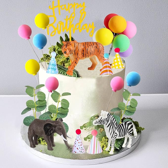 Safari Animal Cake Toppers with Mini Birthday Party Hat Color Balls Cake Decorations for Jungle Wild Themed Baby Shower Birthday Party Supplies (Safari Animal)