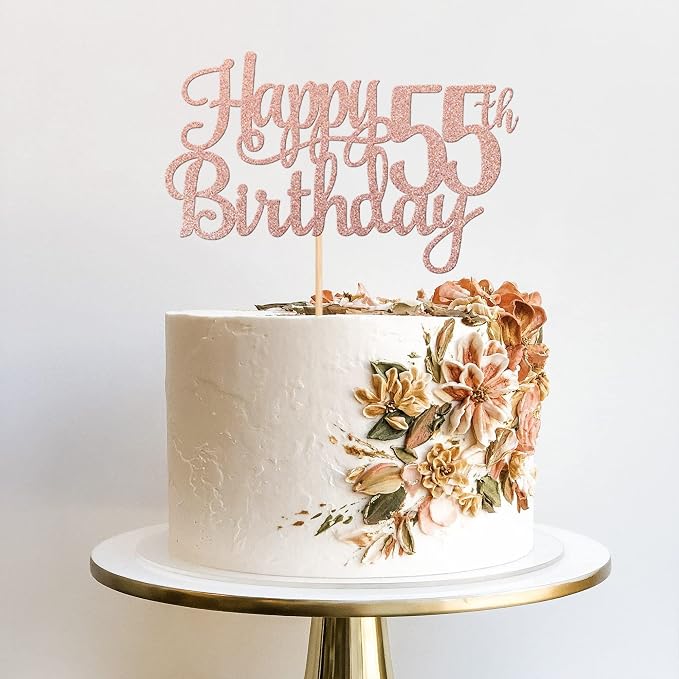 1 PCS Happy 55th Birthday Cake Topper Glitter Cheers to 55 Years Birthday Cake Pick 55 Fabulous Cake Decoration for Happy 55th Birthday Theme Party Decorations Supplies Rose Gold