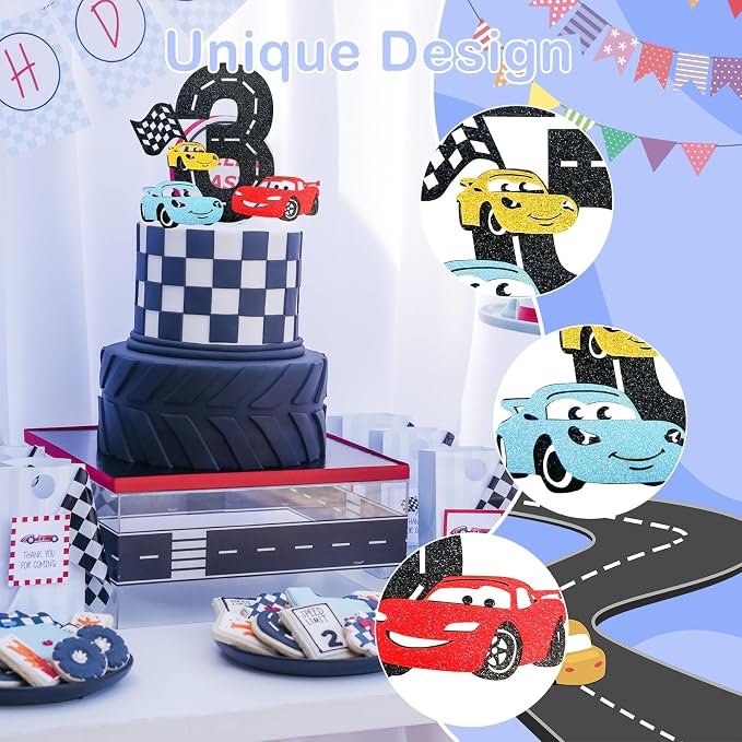 MEMOVAN Race Car 3rd Cake Topper 3th Racing Car Birthday Cake Topper Decoration for Racing Car Checkered Flag Themed Girl Boy 3 Years Birthday Party Supplies Double Sided