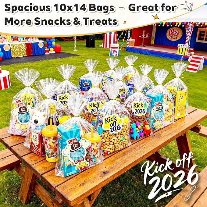 PigPotParty Cellophane Bags 10x14 Inch, 50 Pack Clear Plastic Gift Bags with Bottom Gusset for Stand-Up Display, Medium Cello Wrap for Large Goodies, Treats, Party Favors, Mugs, Includes 50 Ties