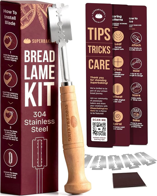 Superbaking Bread Lame - Sourdough Scoring Tool with 5 Extra Blades - Baking Supplies for Home Bakers - Sourdough Razor Scorer - Bread Making Tools - Gift for Bakers - Classic Ergonomic Wooden Handle