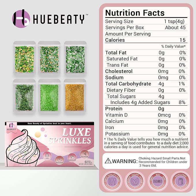 HUEBEATY 6-in-1 St. Patrick’s Day Sprinkles for Cake Decorating – 180g Green & Gold Shamrock Sprinkles Mix with Nonpareils, Jimmies & Sanding Sugar – Edible Green Sprinkles for Cupcakes, Cookies & Spring Desserts