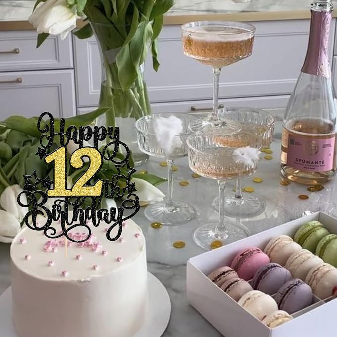 1 PCS Happy 12th Birthday Cake Topper Black Gold Glitter Cheers to 12 Years Birthday Cake Pick Hello 12 Fabulous Cake Decoration for Happy 12th Birthday Anniversary Party Decorations Supplies