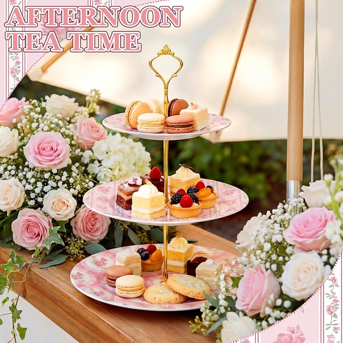 Lallisa 3 Tier Tea Party Cake Stand 10", 9" and 7" Ceramic Shabby Floral Dessert Stand with Metal Rack Coquette Cupcake Tower for Wedding Bridal Shower Baby Shower Decoration