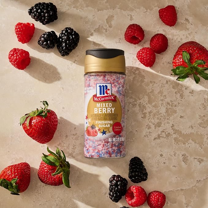 McCormick Finishing Sugar, Mixed Berry, Limited Edition, Sweet Berry Flavors, Sprinkle on Breakfast and Dessert Favorites, Garnish Beverages, 3.15 oz