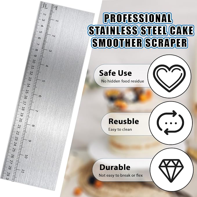 Jeffdad 12 Inch Metal Cake Scraper Smoother with Scale Stainless Steel Cake Edge Smoother Cake Decorating Comb Baking Scraper Tool for Mousse Butter Cream Cake Decoration