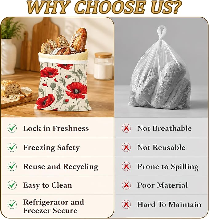 2 Pack Beeswax Red Poppy Bread Bags for Sourdough Homemade Breads, Reusable Beeswax Bread Floral Leaves Storage Bag, Keep Loaves Fresh Longer, Freezer Safe & Airtight, Zero Waste 17 x 13''