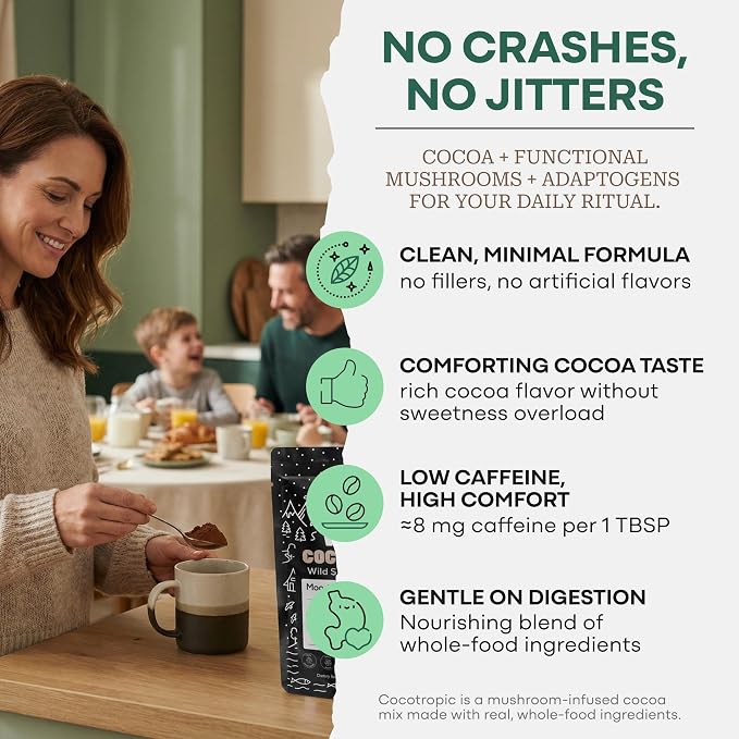 Organic Cocotropic Mushroom Hot Cocoa - Mushroom Coffee Alternative | Sugar Free Hot Chocolate | Organic Cocoa Powder, Reishi Mushrooms, Chaga, Maca Root, Turmeric | Delicious Sustained Focus, Energy & Mood Without Jitters | 16oz