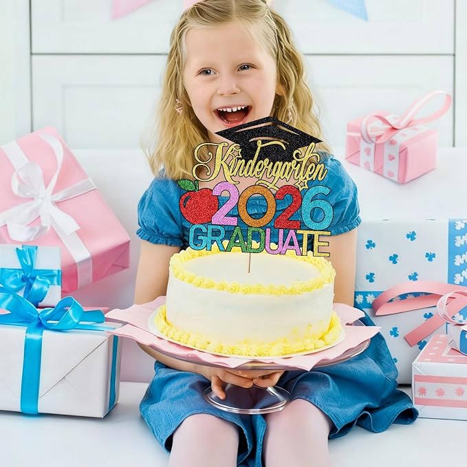 Kindergarten 2026 Graduate Cake Topper, Chirldren Graduation Cake Decorations, Preschool Kindergarten Graduations Party Decoration, Glitter Grad 2026 Happy Graduation (Black Gold 1)