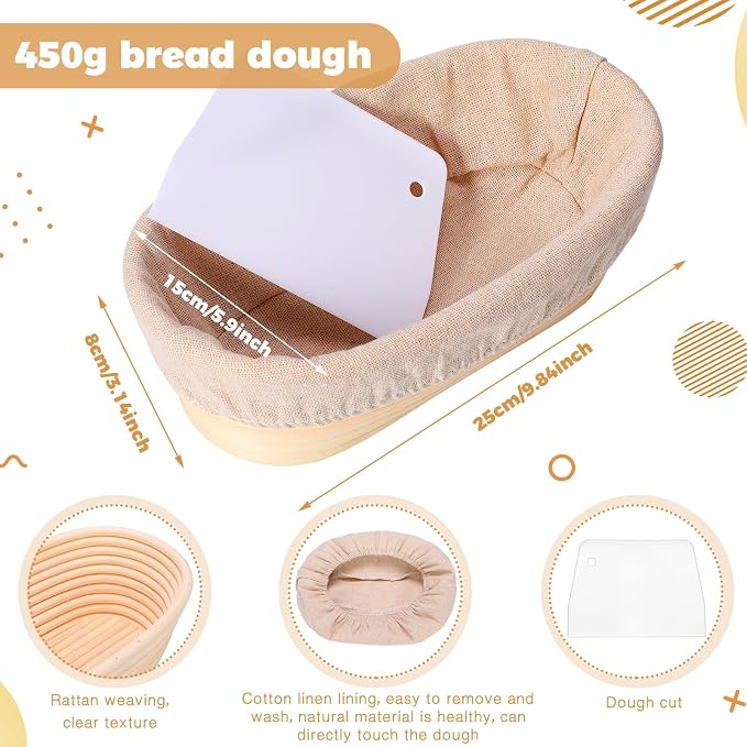 Gejoy Oval Banneton Bread Proofing Basket Set of 8, Sourdough Bread Baking Bowl Kit with Cloth Liners and Dough Scrapers Natural Rattan Banneton Sourdough Bowl Basket for Bakers(10 Inch)