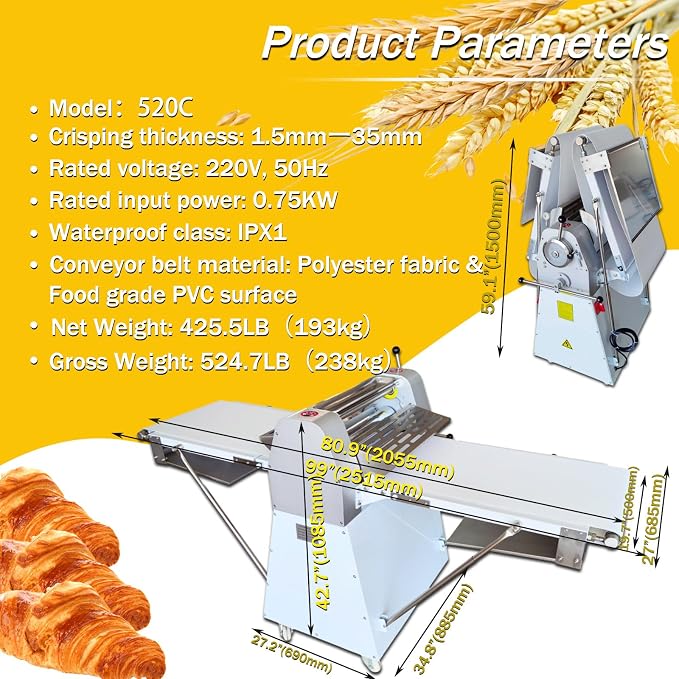 Dough Sheeter Machine Electric Dough Sheeter Roller Pastry Press Machine with 80.9x19.7" Conveyor Belt 0.06"-1.38" Adjustable Thickness for Making Croissant Pastry Foldable Design 220V 750W