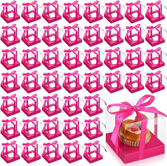 Thenshop 50 Pcs Clear Cupcake Boxes Individual 3.5 Inch Plastic Single Cupcake Containers Boxes with Inserts and Ribbon Individual Cake Storage Holders for Cake Kitchen (Hot Pink)