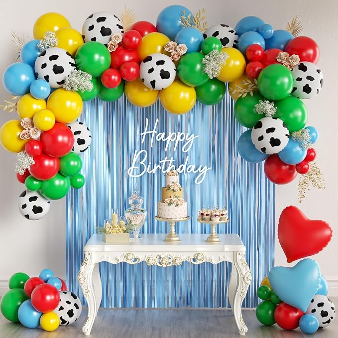 Toy Inspired Story Balloons Garland Arch Kit with Light Blue Fringe Curtain for Boys Farm Rodeo Cowboy Boots Animal Themed Baby Shower Birthday Kids Barnyard Celebration Party Decorations