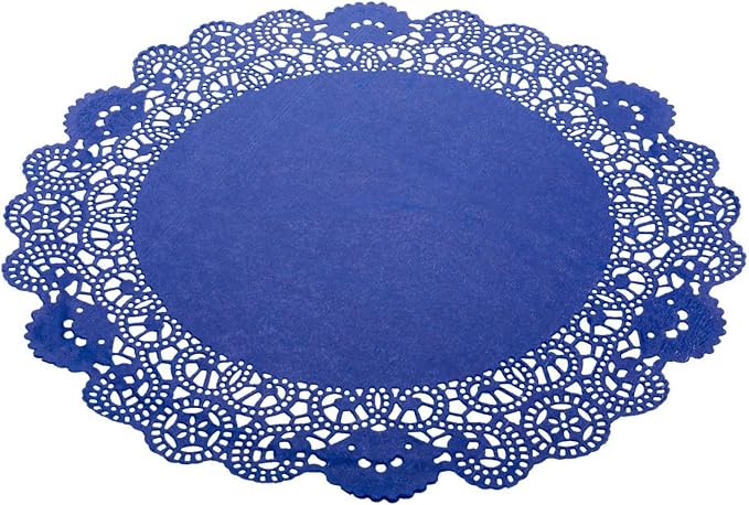 Restaurantware Pastry Tek 12 x 12 Inch Lace Doilies 100 Decorative Tableware Placemats - Disposable Round Navy Blue Paper Table Doilies For Birthdays Or Weddings Table Decor