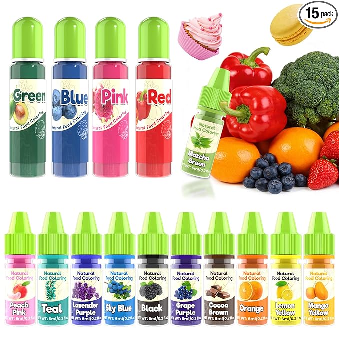 Natural Food Coloring - 15 Colors Liquid Natural Food Dye for Baking, FD&C & Artificial Dye Free Food Coloring for Cake, Cookie, Icing, Easter Eggs, Fondant, Gluten-Free - 106ml/3.58 fl.oz