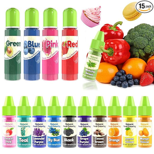 Natural Food Coloring - 15 Colors Liquid Natural Food Dye for Baking, FD&C & Artificial Dye Free Food Coloring for Cake, Cookie, Icing, Easter Eggs, Fondant, Gluten-Free - 106ml/3.58 fl.oz