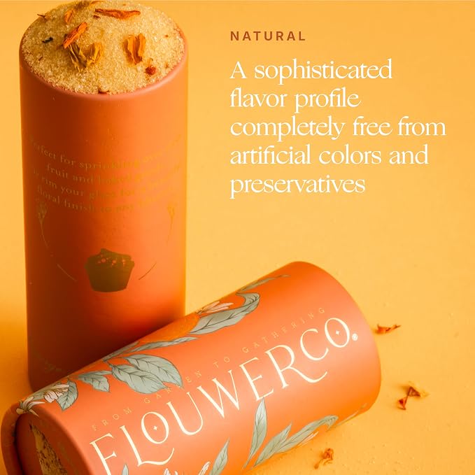 Flouwer Co Finishing Sugar with Edible Flowers, Artisinal, Handmade, Garnishing Topper with Dried Flowers, Decorative, Finished Orange Blossom Sugar, 3 oz