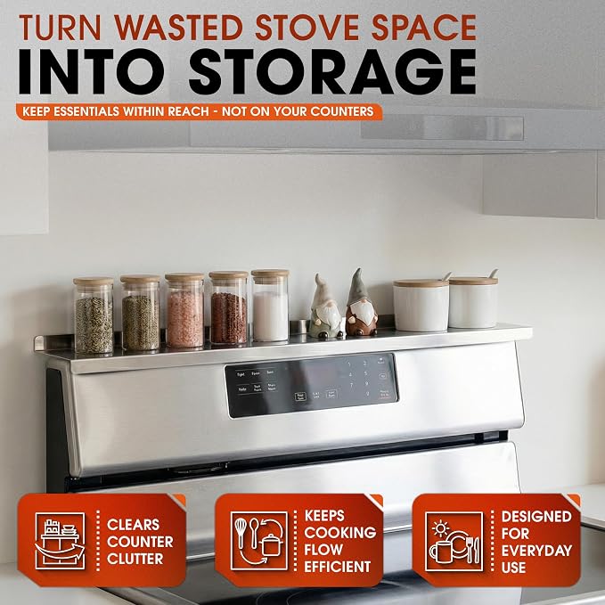 Magnetic Stove Top Shelf 30 Inch - Stainless Steel Over Stove Spice Rack Organizer - Magnetic Stove Shelf for Flat & Curved Stoves - Kitchen Storage Shelf with Measuring Spoons & Brush