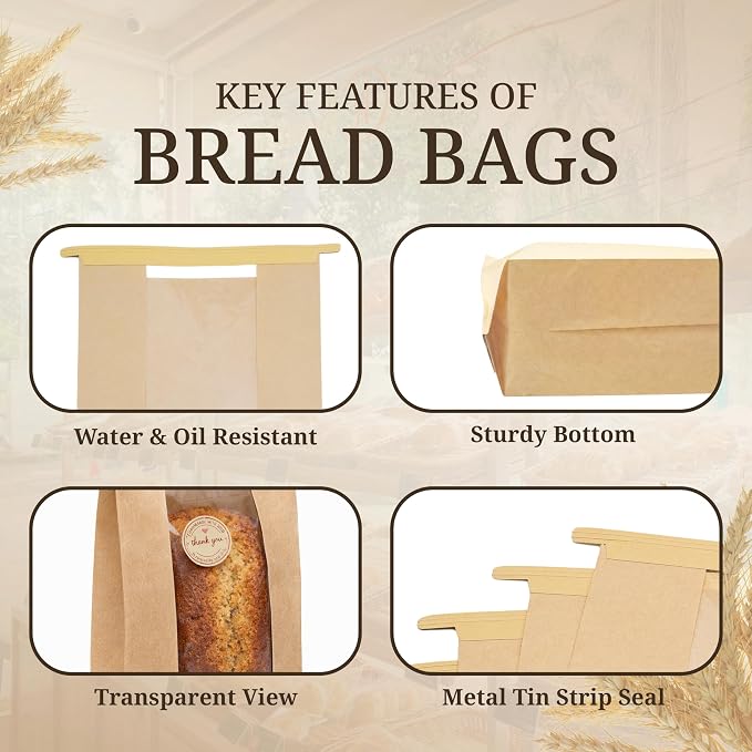 Pack of 160 Sourdough Bags for Homemade Bread with Tin Tie Tab Lock，for Large Paper Bread Bags for Sourdough Bread 14" x 8.3" x 3.5"，Round Sourdough Bread Bags Paper with Clear Front Window