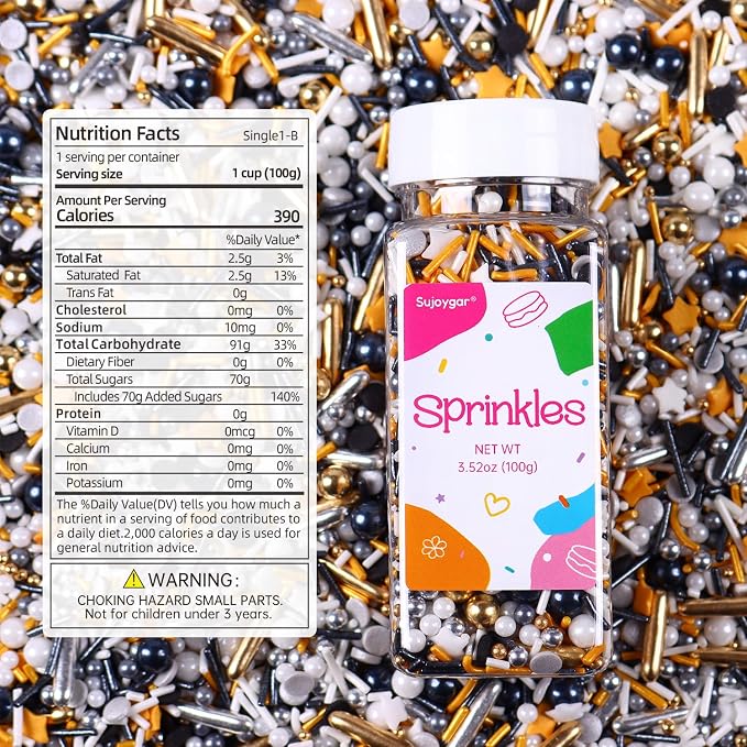 Black Sprinkles for Cake Decorating, 3.52oz Graduation Candy Sprinkles, Metallic Gold and Black Star Sprinkles for Cupcakes Baking Ice Cream Cookies, Wedding Birthday Party Decorations