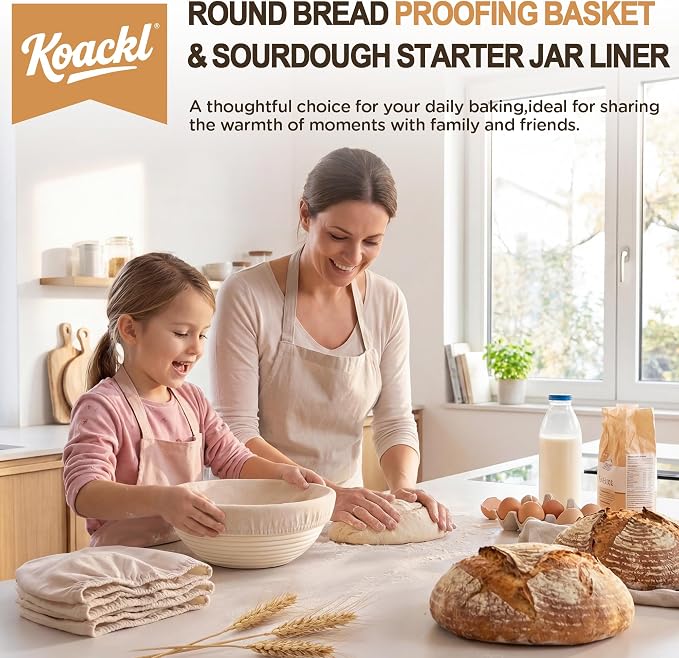 Koackl Bread Proofing Cover - 4 Pack Basket Linen Cloths & 2 Jar Covers, Reusable Cotton Bread Proofing Liners for Sourdough Baking, 10" Compatible with Round/Oval Banneton Baskets