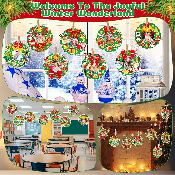Dianelhall 24 Sets Christmas Picture Frame Craft Kit Xmas Wreath Photo Crafts Christmas Picture Frames Gift with Santa Stickers for Classroom Xmas Holiday Party Activities(Wreath)