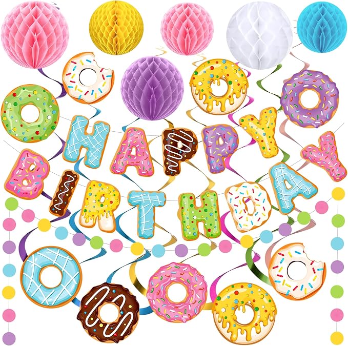 Pasimy 34 Pcs Donut Happy Birthday Banner Donut Party Decorations Doughnut Grow Hanging Swirls Candyland Wall Decor Honeycomb Balls and Dot Garland for Doughnut Birthday Baby Shower Party Supplies