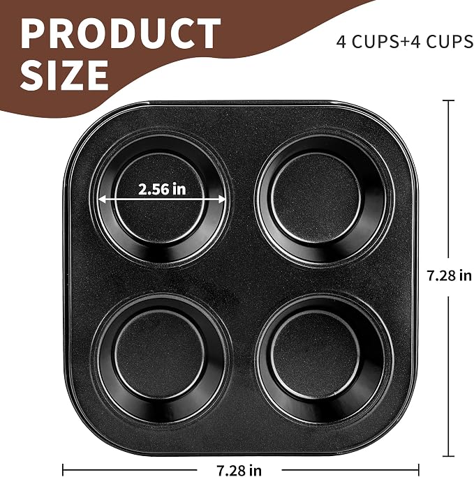 2 Pack 4-Cup Round Muffin Pan, Heavy-Duty Carbon Steel Nonstick Cupcake Baking Pan, 2.56” Standard Size Cups, Compact 7.28” Square Design, Oven & Dishwasher Safe (Black)