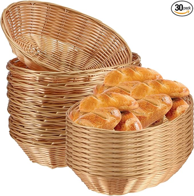 SINJEUN 30 Pack Wicker Bread Basket, Handwoven Oval Plastic Basket, Woven Tabletop Fruit Vegetables Food Serving Basket for Home, Kitchen, Restaurant, Light Brown
