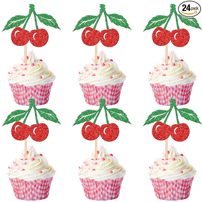 24 PCS Cherry Cupcake Toppers Red Glitter Fruit Theme Sweet Cherry Cupcake Picks for Cherry Theme Baby Shower Kids Birthday Party Cake Decorations Supplies