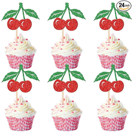 24 PCS Cherry Cupcake Toppers Red Glitter Fruit Theme Sweet Cherry Cupcake Picks for Cherry Theme Baby Shower Kids Birthday Party Cake Decorations Supplies