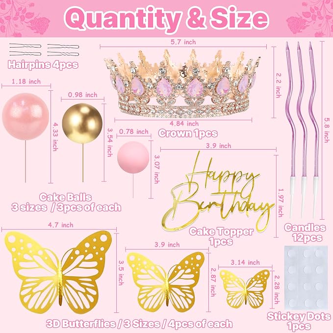 Crown Cake Topper, Pink & Rose Gold Crown Balls Happy Birthday Cake Toppers Candles Butterfly, Corona Para Pastel, Crown Cake Decorations for Women Queen Princess (Rose Gold, Jelly Pink)