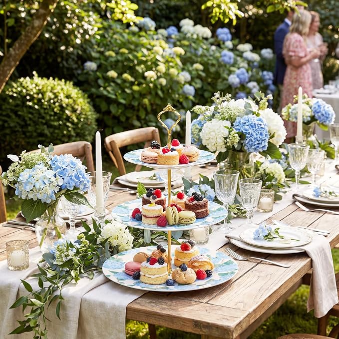 Lallisa 3 Tier Blue Hydrangea Cake Stand 10", 9" and 7" Ceramic Serving Tray Dessert Cupcake Display Holder Tower for Wedding Baby Bridal Shower Tea Party Decoration